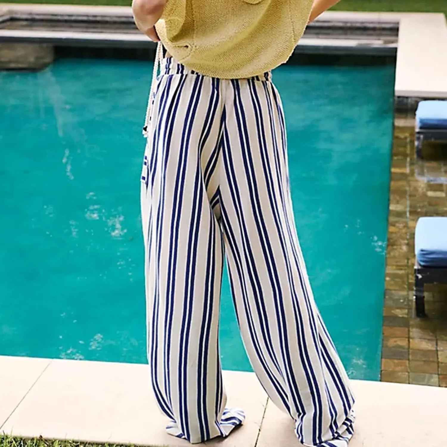 fanmpghleoo Striped Linen Pants Women Summer Drawstring Wide Leg Palazzo Pants for Women Casual High Waisted Linen Trosuers