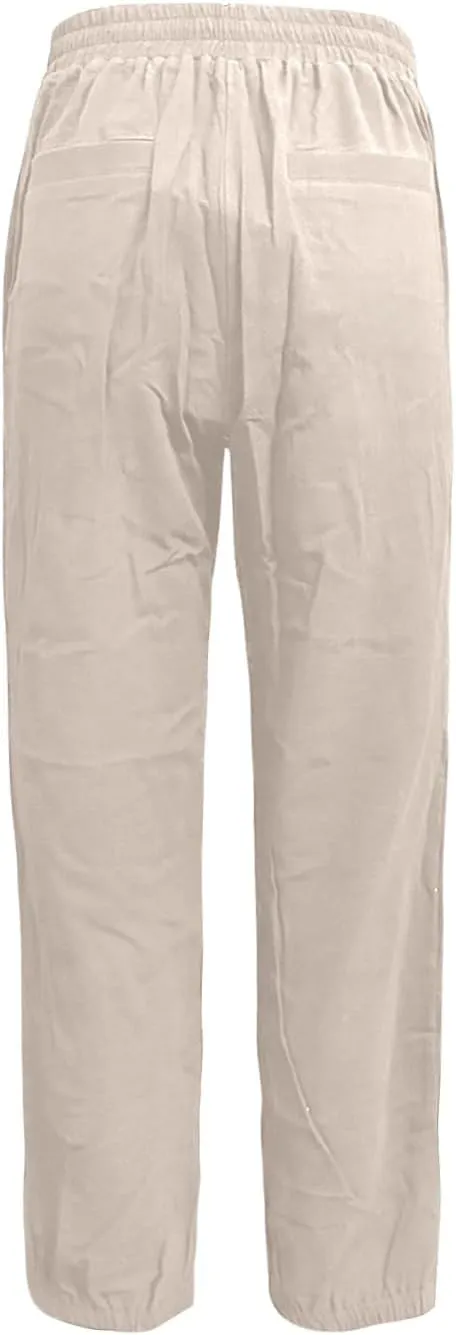 fanmpghleoo Tapered Linen Pants Women Summer Drawstring Back Elastic Waist Pants Soft Crop Straight Leg Trousers with Pockets
