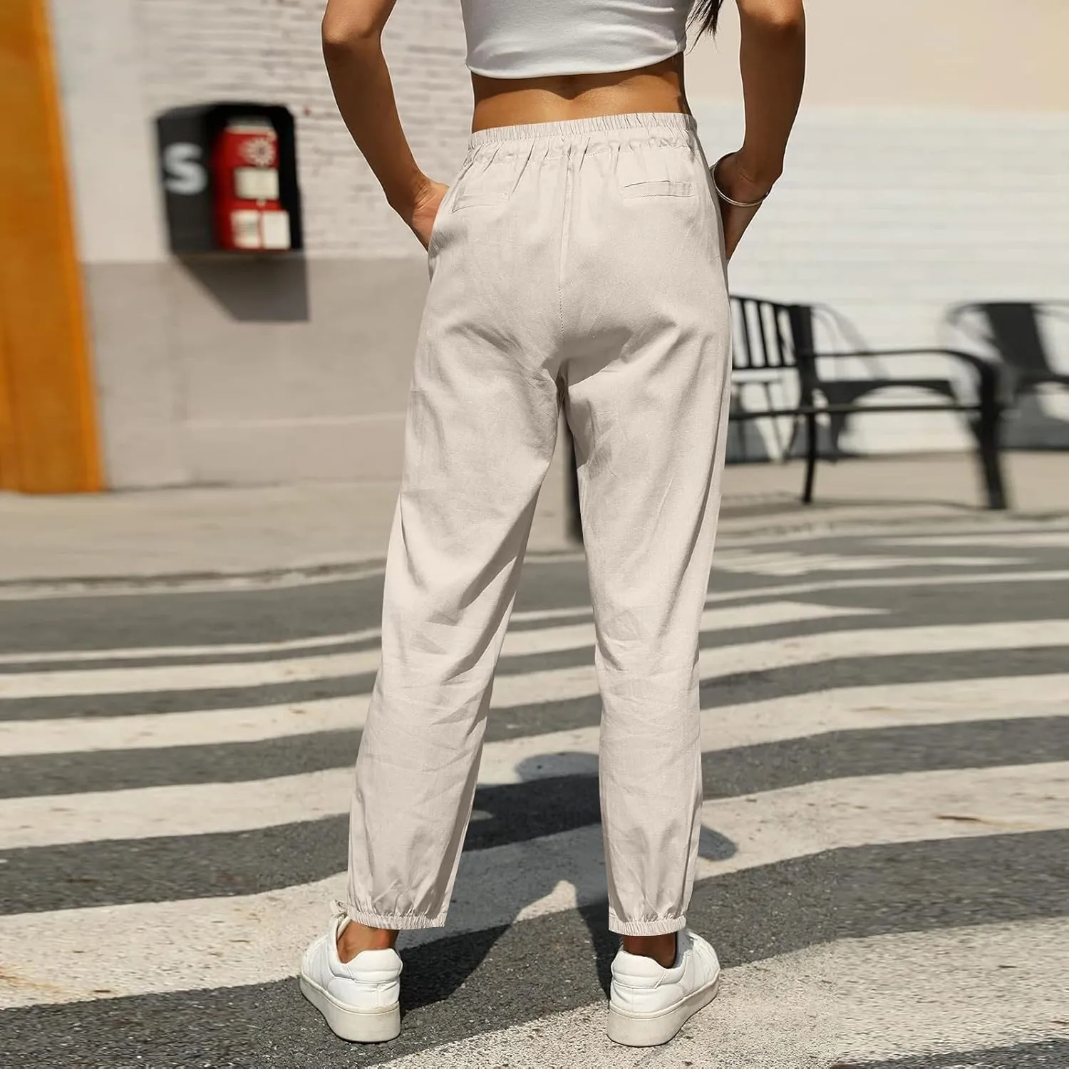 fanmpghleoo Tapered Linen Pants Women Summer Drawstring Back Elastic Waist Pants Soft Crop Straight Leg Trousers with Pockets