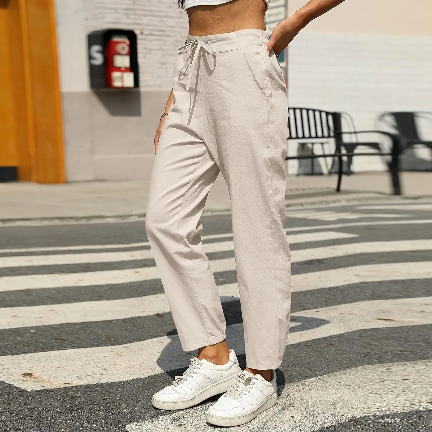 fanmpghleoo Tapered Linen Pants Women Summer Drawstring Back Elastic Waist Pants Soft Crop Straight Leg Trousers with Pockets