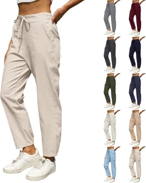 fanmpghleoo Tapered Linen Pants Women Summer Drawstring Back Elastic Waist Pants Soft Crop Straight Leg Trousers with Pockets