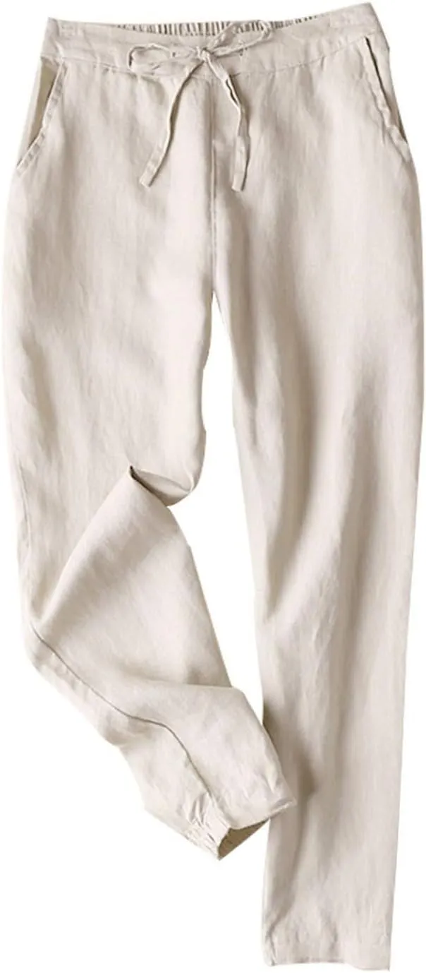 fanmpghleoo Tapered Linen Pants Women Summer Drawstring Back Elastic Waist Pants Soft Crop Straight Leg Trousers with Pockets