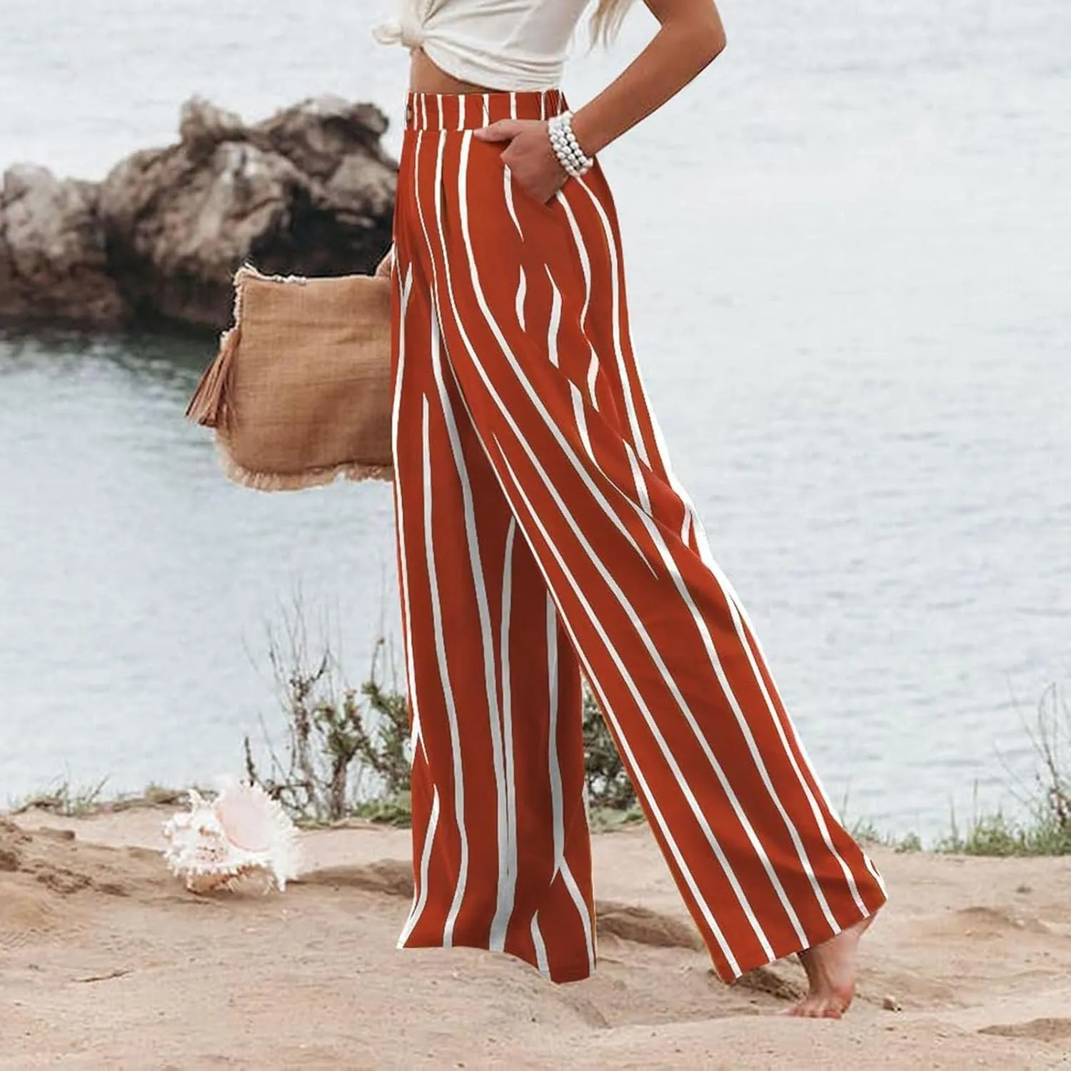 fanmpghleoo Wide Leg Linen Pants for Women Casual High Waisted Linen Palazzo Pants Flowy Beach Lounge Pants with Pockets 2025
