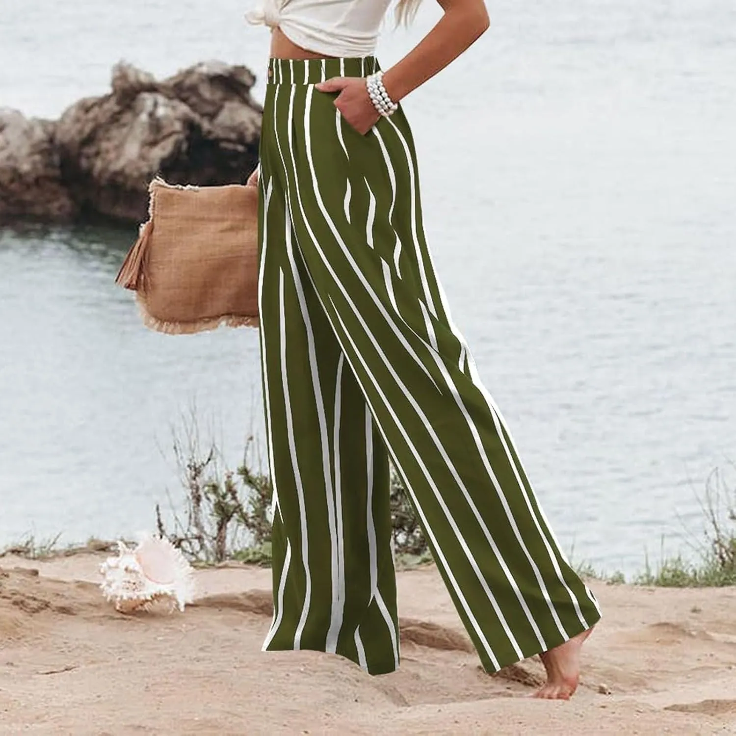 fanmpghleoo Wide Leg Linen Pants for Women Casual High Waisted Linen Palazzo Pants Flowy Beach Lounge Pants with Pockets 2025