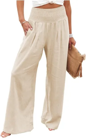 fanmpghleoo Wide Leg Linen Pants for Women Casual Plus Size Linen Palazzo Pants Elastic High Waisted Linen Pants Women Summer