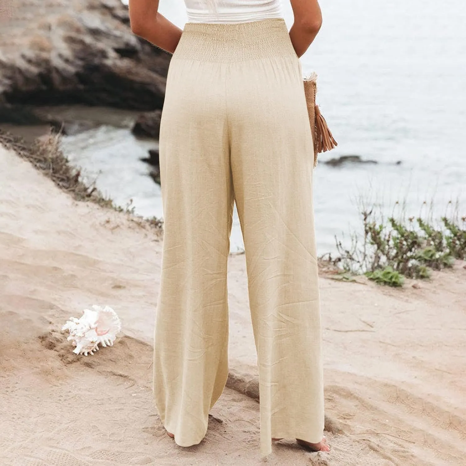 fanmpghleoo Wide Leg Linen Pants for Women Casual Plus Size Linen Palazzo Pants Elastic High Waisted Linen Pants Women Summer
