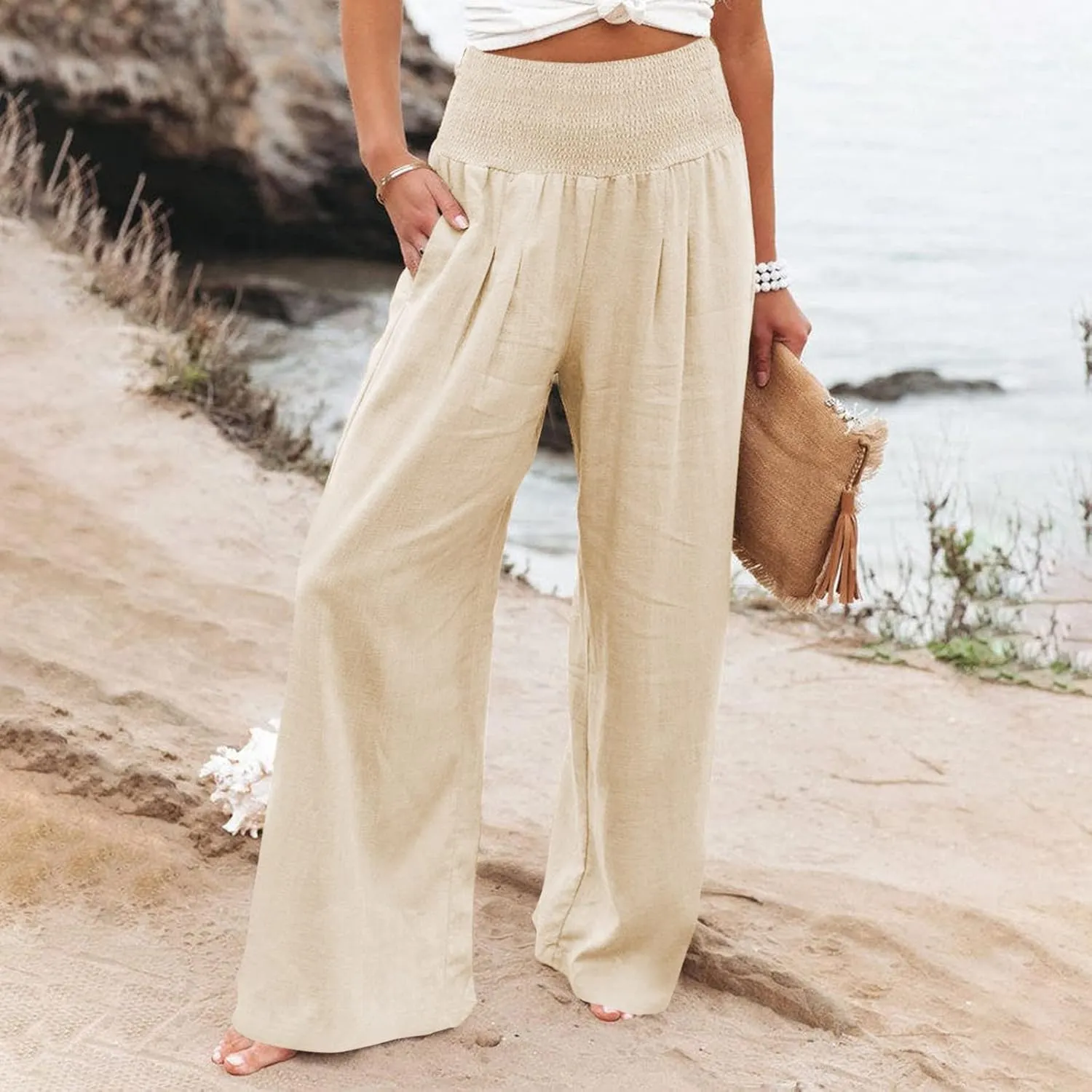 fanmpghleoo Wide Leg Linen Pants for Women Casual Plus Size Linen Palazzo Pants Elastic High Waisted Linen Pants Women Summer