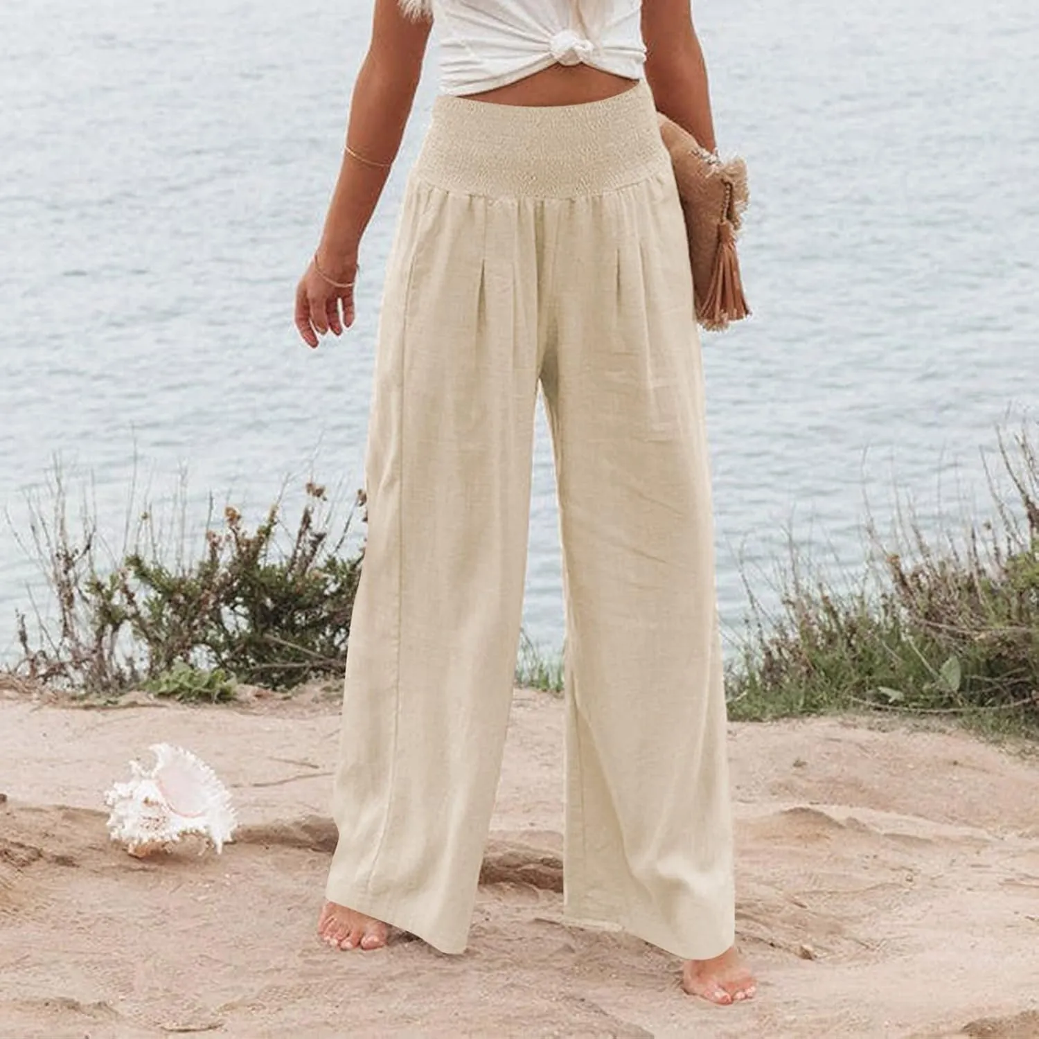 fanmpghleoo Wide Leg Linen Pants for Women Casual Plus Size Linen Palazzo Pants Elastic High Waisted Linen Pants Women Summer