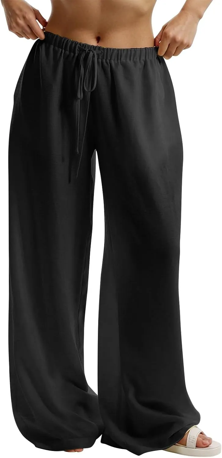 fanmpghleoo Wide Leg Linen Pants for Women Drawstring Flowy Beach Pants Casual Palazzo Pants Comfy Lounge Pants with Pockets