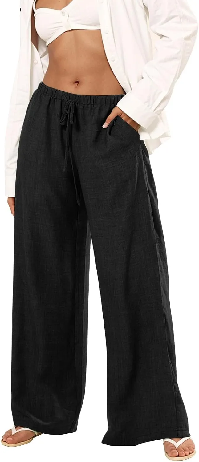fanmpghleoo Wide Leg Linen Pants for Women Drawstring Flowy Beach Pants Casual Palazzo Pants Comfy Lounge Pants with Pockets