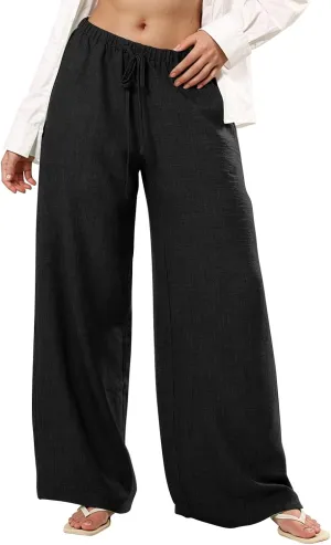 fanmpghleoo Wide Leg Linen Pants for Women Drawstring Flowy Beach Pants Casual Palazzo Pants Comfy Lounge Pants with Pockets