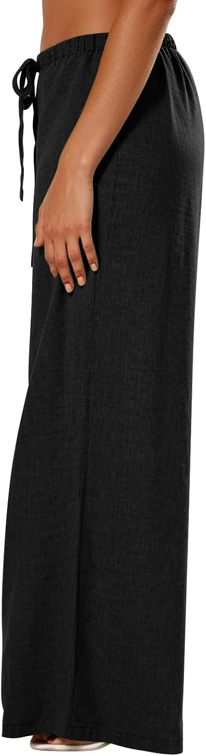 fanmpghleoo Wide Leg Linen Pants for Women Drawstring Flowy Beach Pants Casual Palazzo Pants Comfy Lounge Pants with Pockets
