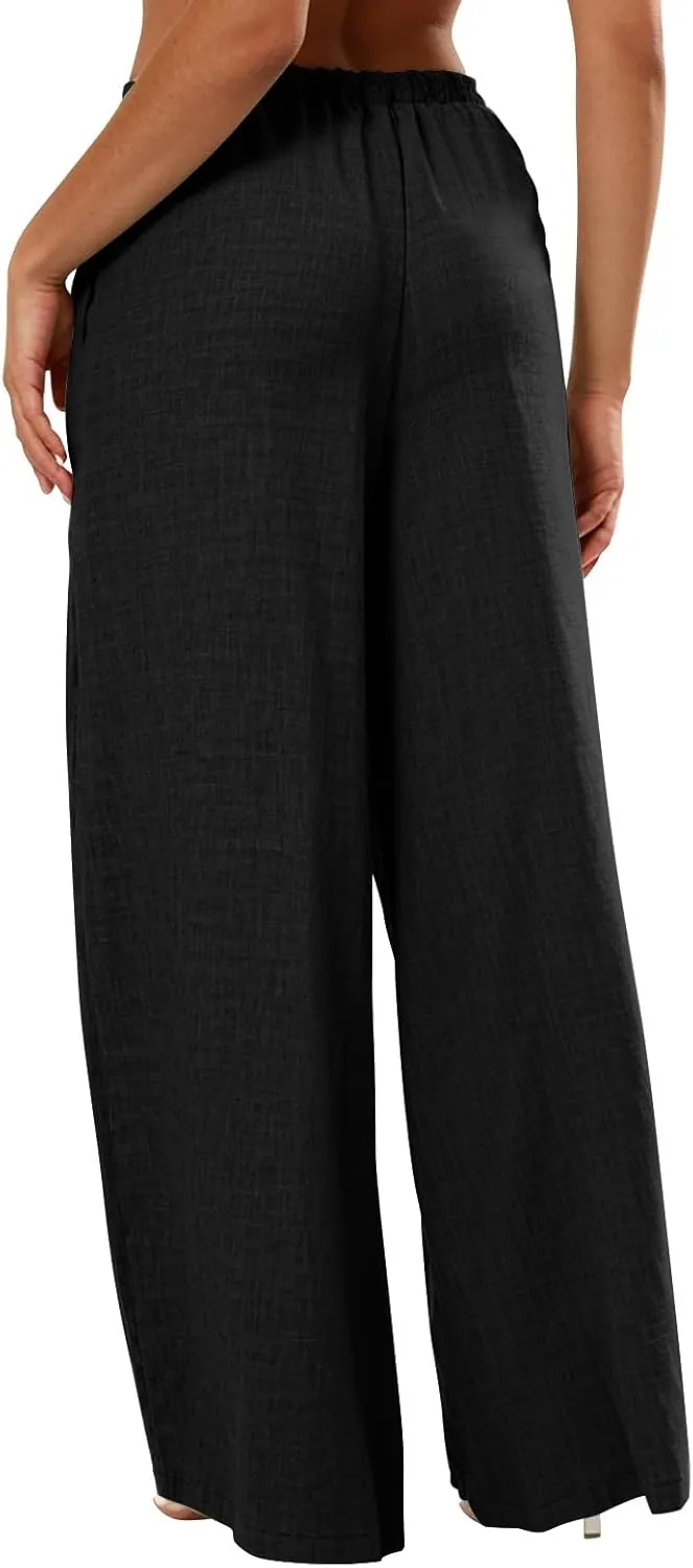 fanmpghleoo Wide Leg Linen Pants for Women Drawstring Flowy Beach Pants Casual Palazzo Pants Comfy Lounge Pants with Pockets