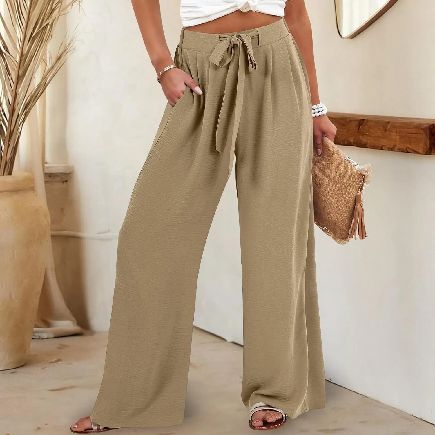 fanmpghleoo Wide Leg Linen Pants for Women Drawstring High Waisted Linen Pants Women Summer Casual Dressy Linen Palazzo Pants