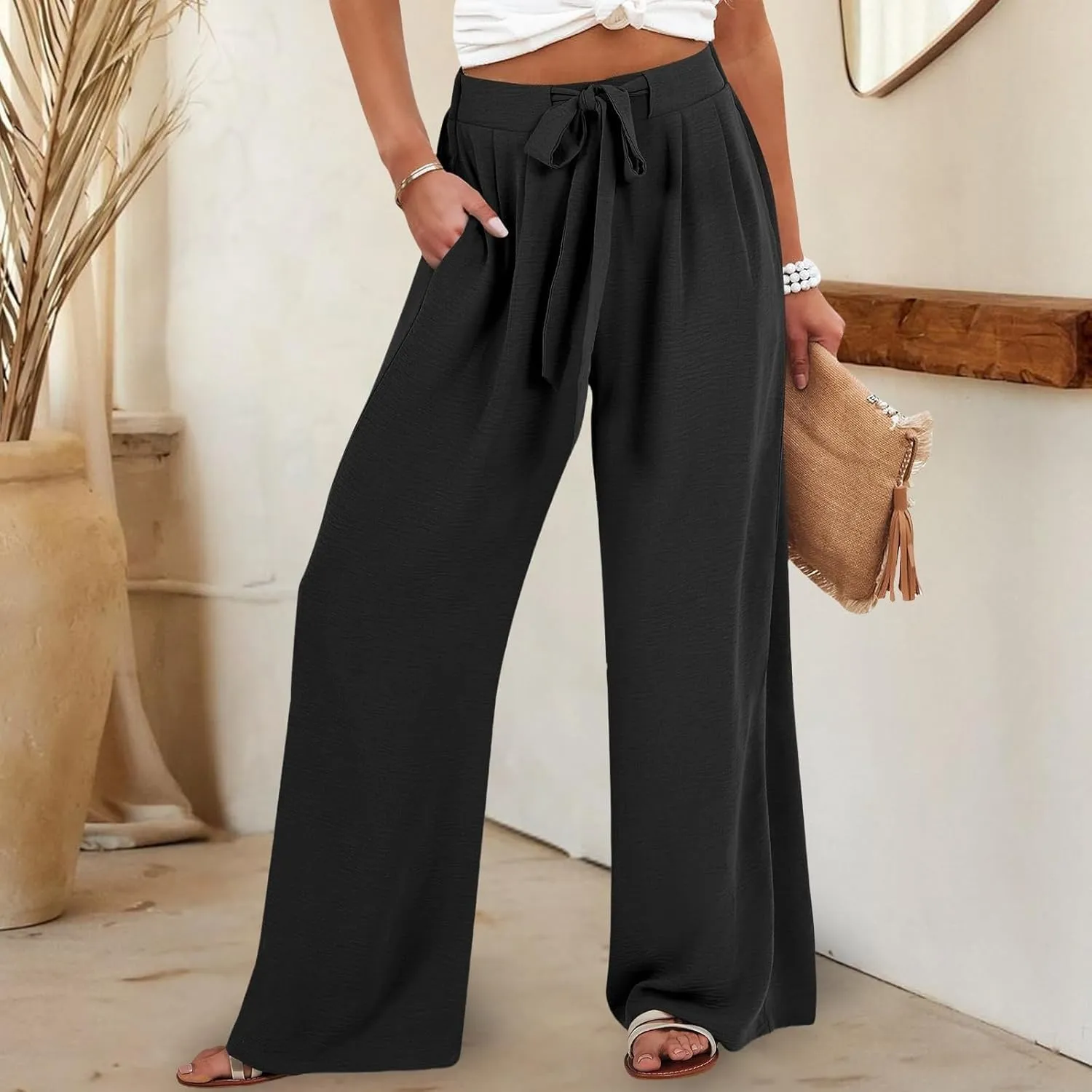 fanmpghleoo Wide Leg Linen Pants for Women Drawstring High Waisted Linen Pants Women Summer Casual Dressy Linen Palazzo Pants