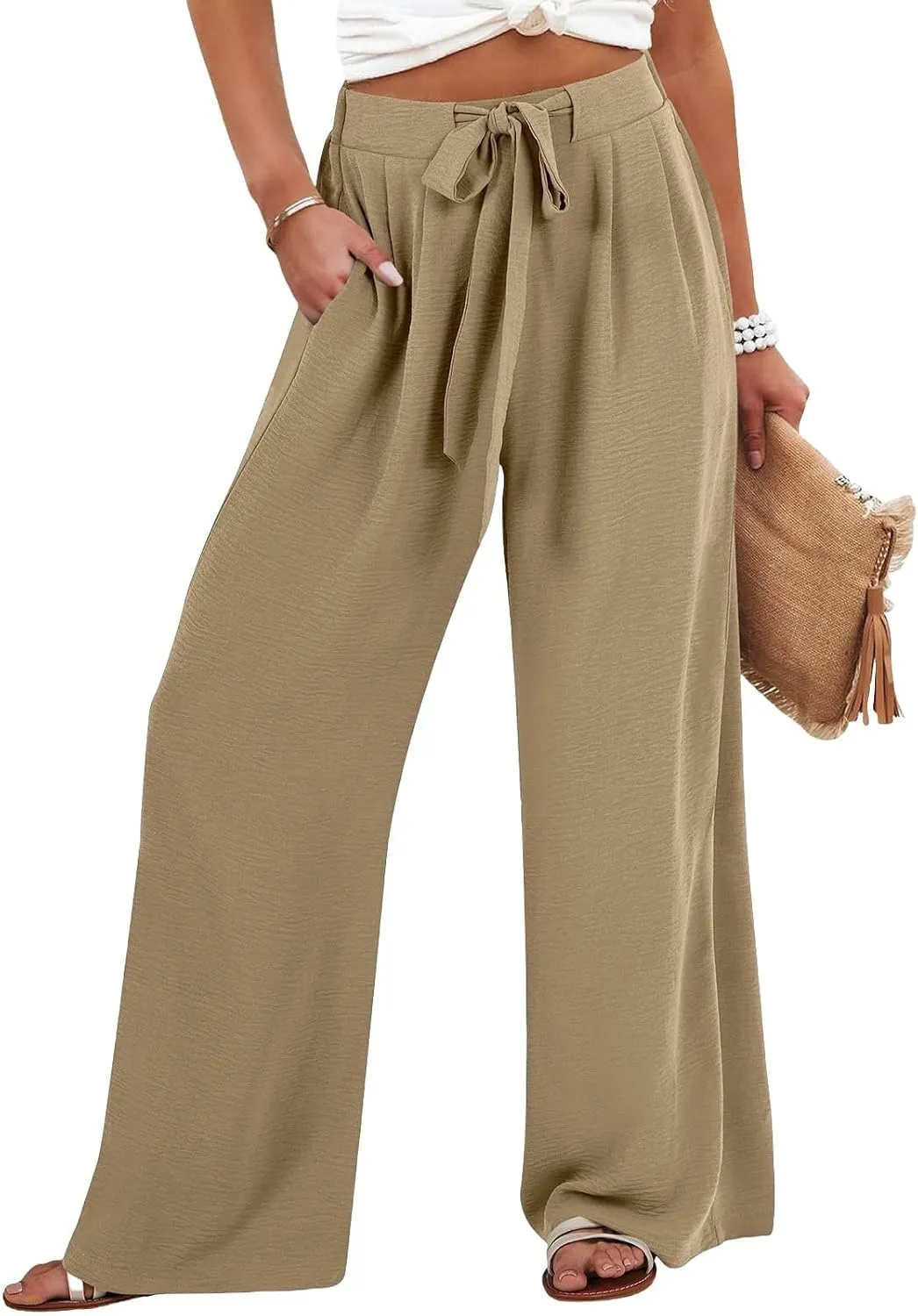 fanmpghleoo Wide Leg Linen Pants for Women Drawstring High Waisted Linen Pants Women Summer Casual Dressy Linen Palazzo Pants