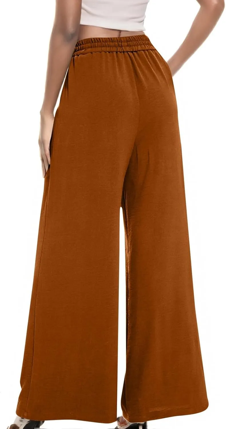 fanmpghleoo Wide Leg Linen Pants for Women Drawstring High Waisted Palazzo Pants Lounge Linen Trousers Flowy Boho Beach Pants