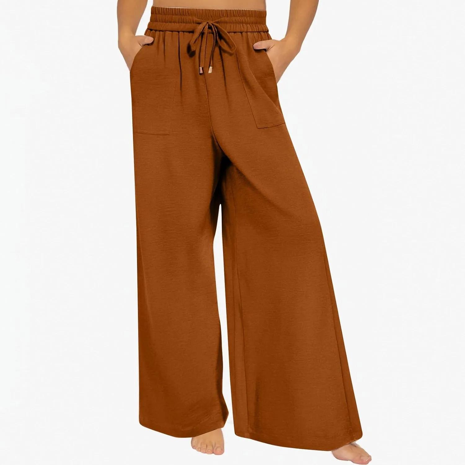 fanmpghleoo Wide Leg Linen Pants for Women Drawstring High Waisted Palazzo Pants Lounge Linen Trousers Flowy Boho Beach Pants