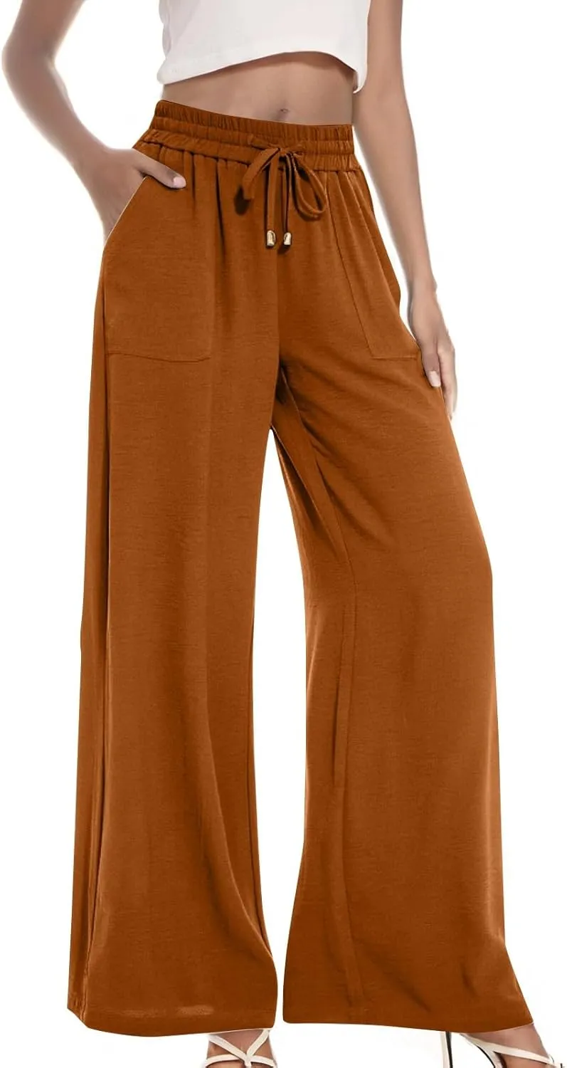 fanmpghleoo Wide Leg Linen Pants for Women Drawstring High Waisted Palazzo Pants Lounge Linen Trousers Flowy Boho Beach Pants