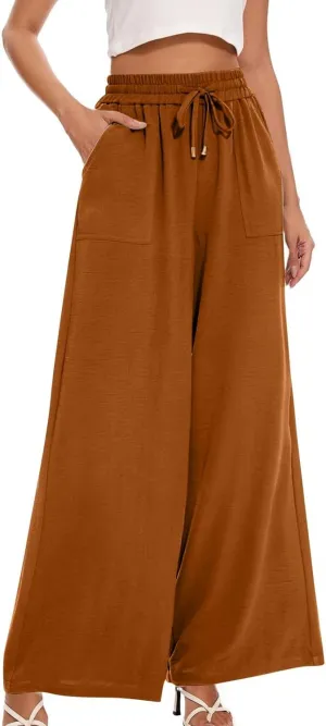 fanmpghleoo Wide Leg Linen Pants for Women Drawstring High Waisted Palazzo Pants Lounge Linen Trousers Flowy Boho Beach Pants