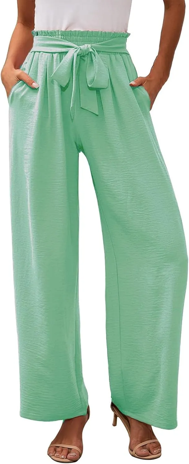 fanmpghleoo Wide Leg Linen Pants for Women Plus Size High Waisted Palazzo Pants Dressy Beach Comfy Lounge Pants with Pockets