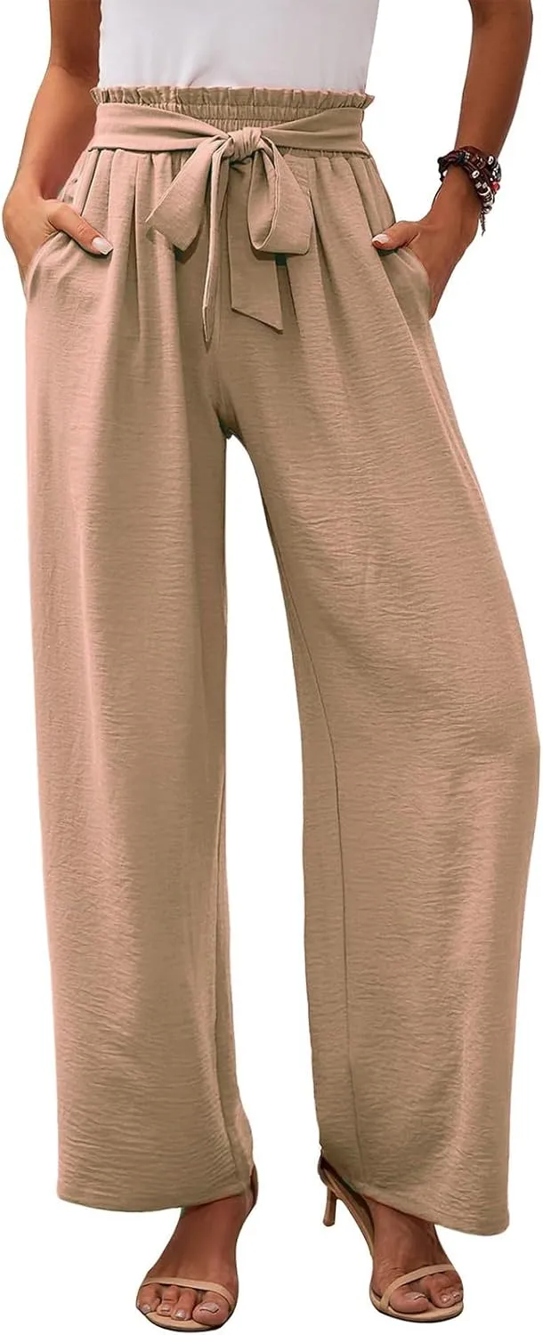 fanmpghleoo Wide Leg Linen Pants for Women Plus Size High Waisted Palazzo Pants Dressy Beach Comfy Lounge Pants with Pockets