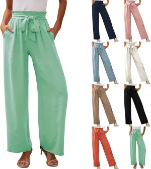 fanmpghleoo Wide Leg Linen Pants for Women Plus Size High Waisted Palazzo Pants Dressy Beach Comfy Lounge Pants with Pockets