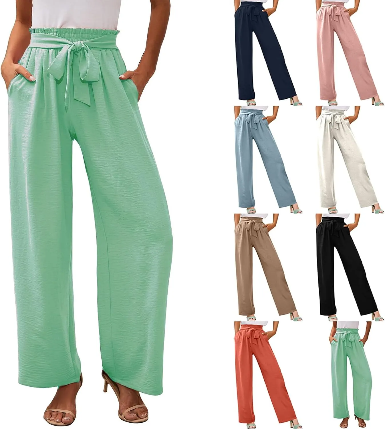 fanmpghleoo Wide Leg Linen Pants for Women Plus Size High Waisted Palazzo Pants Dressy Beach Comfy Lounge Pants with Pockets