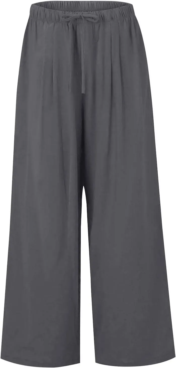 fanmpghleoo Wide Leg Linen Pants for Women Plus Size Palazzo Pants Casual Drawstring Flowy Beach Linen Trousers with Pockets