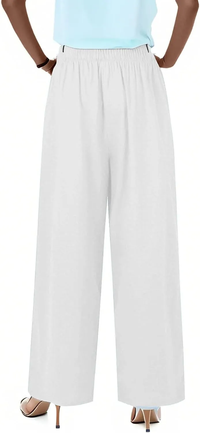 fanmpghleoo Wide Leg Linen Pants for Women Plus Size Palazzo Pants Casual Drawstring Flowy Beach Linen Trousers with Pockets