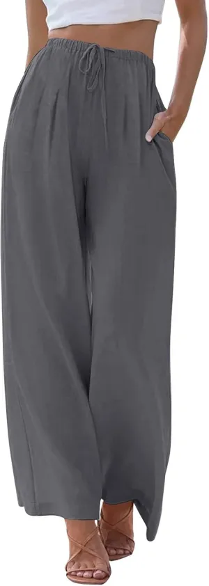 fanmpghleoo Wide Leg Linen Pants for Women Plus Size Palazzo Pants Casual Drawstring Flowy Beach Linen Trousers with Pockets