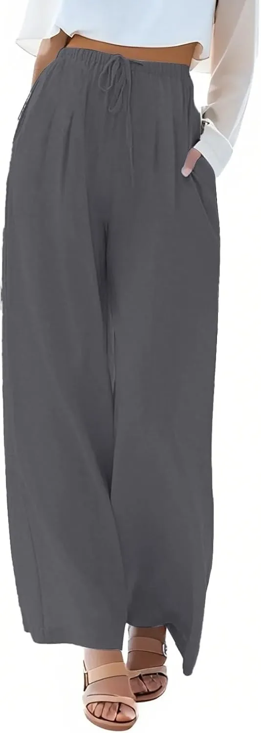 fanmpghleoo Wide Leg Linen Pants for Women Plus Size Palazzo Pants Casual Drawstring Flowy Beach Linen Trousers with Pockets