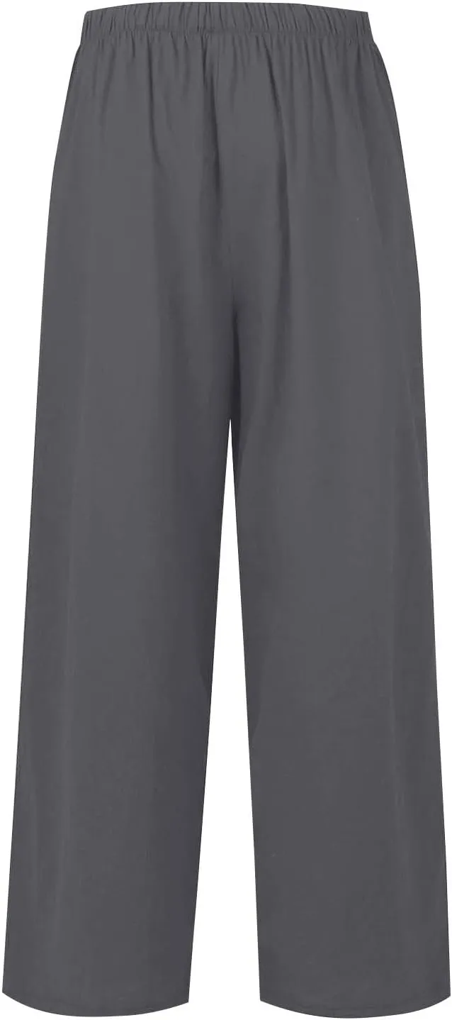 fanmpghleoo Wide Leg Linen Pants for Women Plus Size Palazzo Pants Casual Drawstring Flowy Beach Linen Trousers with Pockets