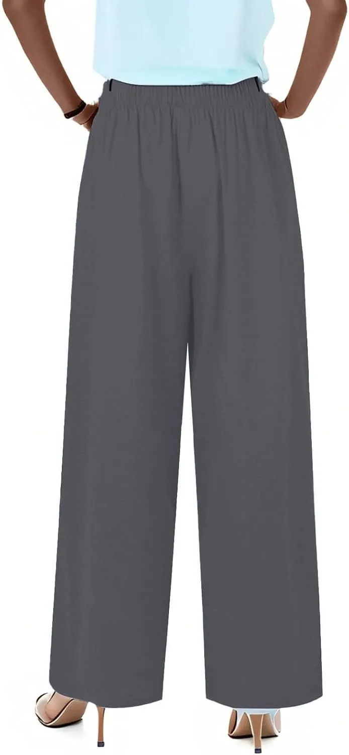 fanmpghleoo Wide Leg Linen Pants for Women Plus Size Palazzo Pants Casual Drawstring Flowy Beach Linen Trousers with Pockets