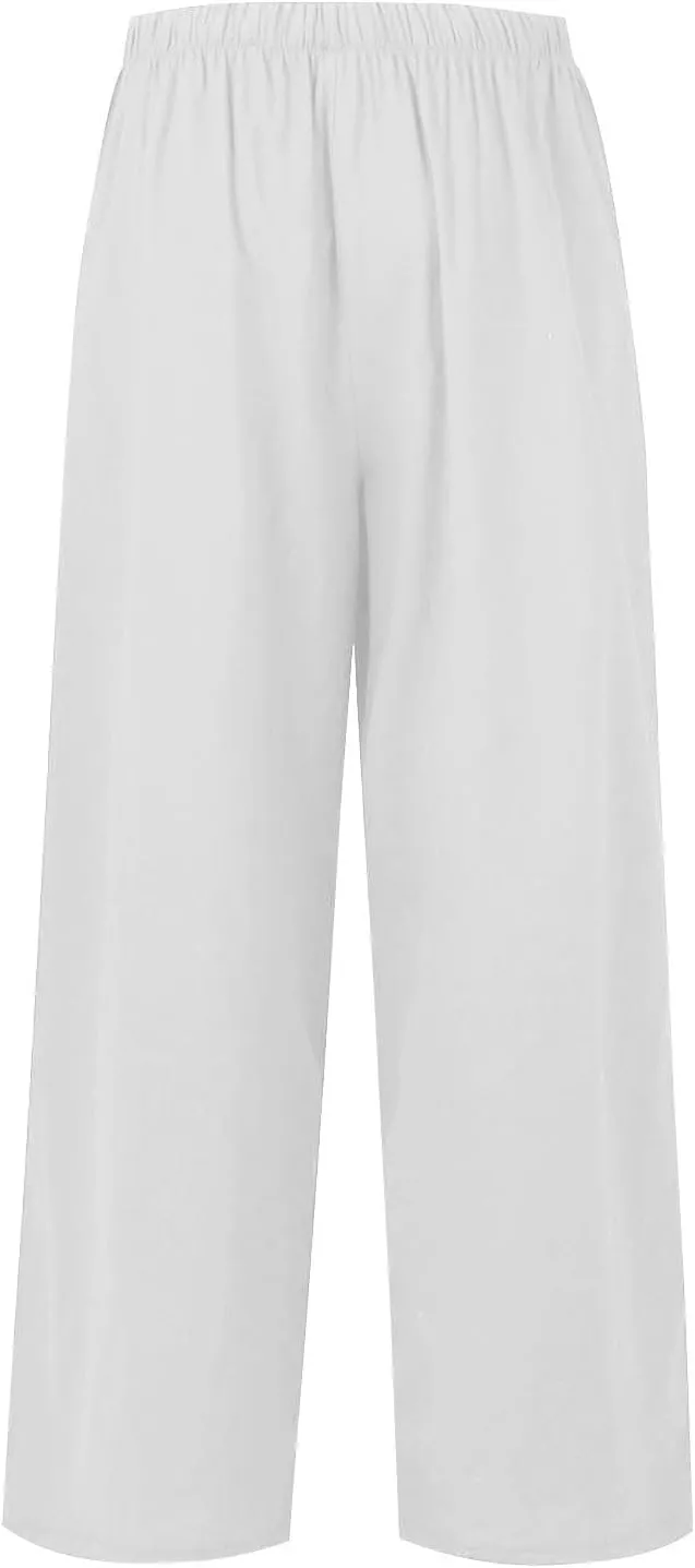 fanmpghleoo Wide Leg Linen Pants for Women Plus Size Palazzo Pants Casual Drawstring Flowy Beach Linen Trousers with Pockets
