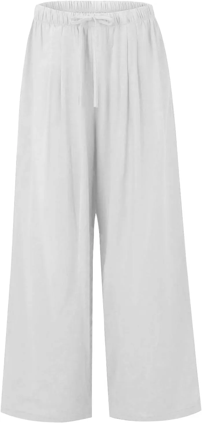fanmpghleoo Wide Leg Linen Pants for Women Plus Size Palazzo Pants Casual Drawstring Flowy Beach Linen Trousers with Pockets