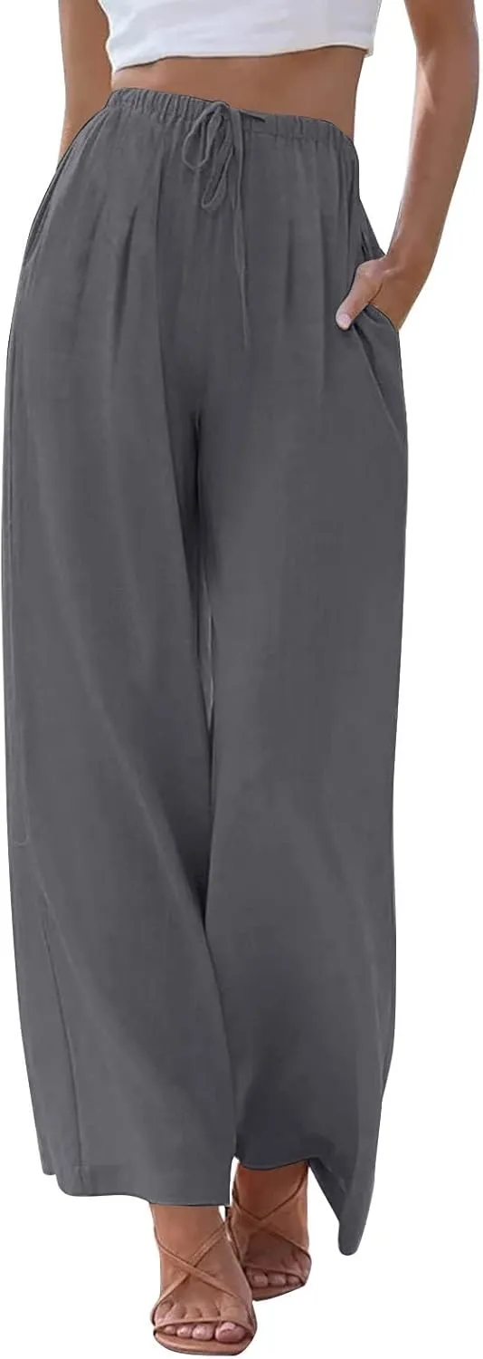 fanmpghleoo Wide Leg Linen Pants for Women Plus Size Palazzo Pants Casual Drawstring Flowy Beach Linen Trousers with Pockets
