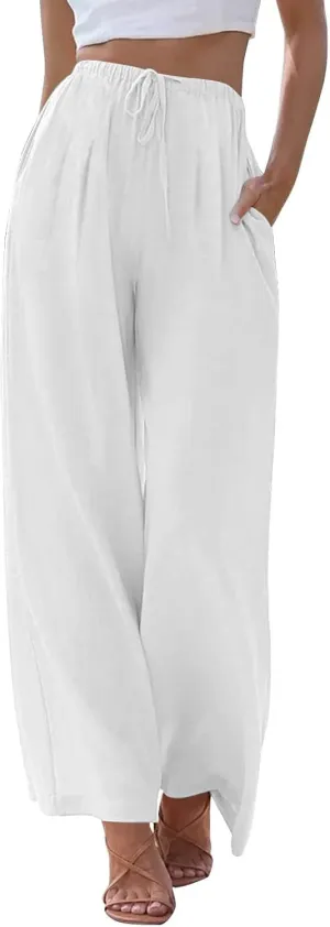 fanmpghleoo Wide Leg Linen Pants for Women Plus Size Palazzo Pants Casual Drawstring Flowy Beach Linen Trousers with Pockets