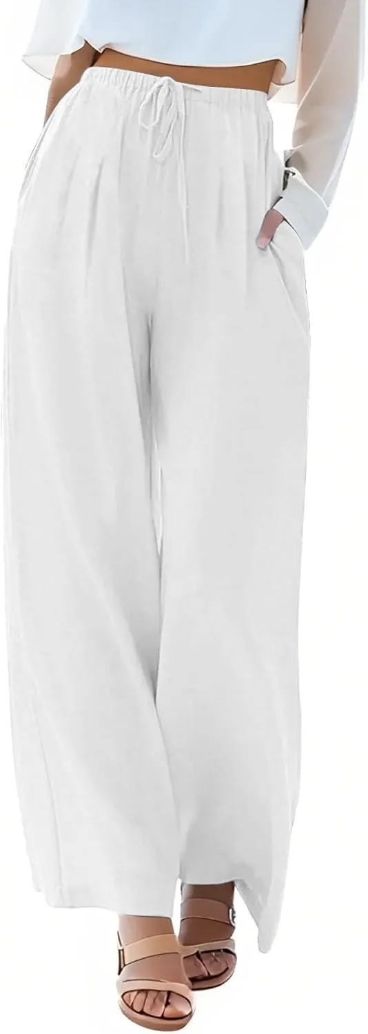 fanmpghleoo Wide Leg Palazzo Pants for Women Casual Drawstring Linen Pants Summer High Waisted Linen Trousers with Pockets