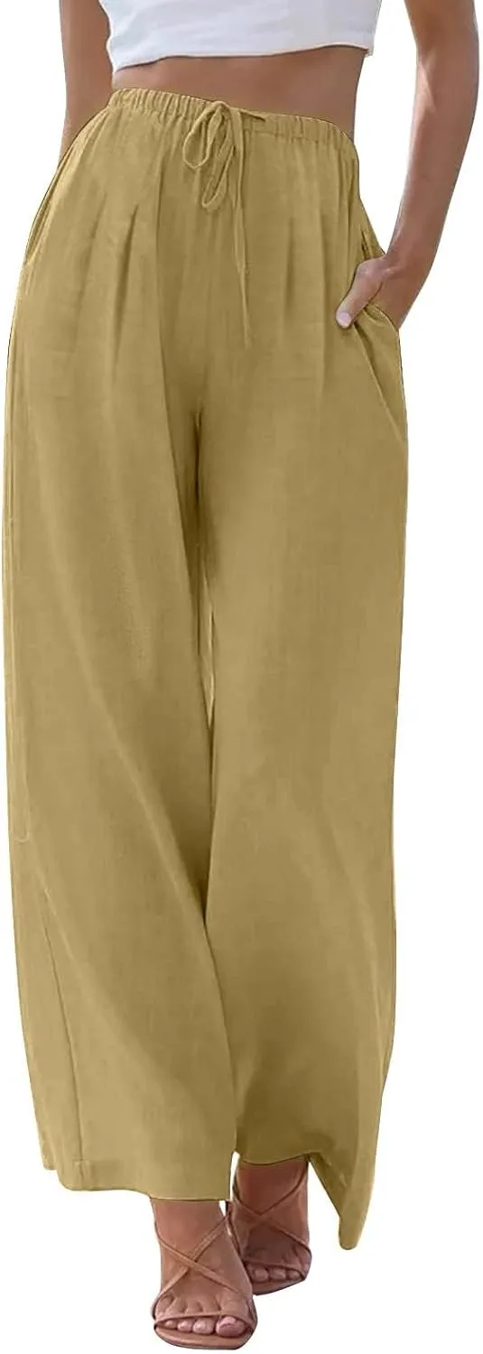 fanmpghleoo Wide Leg Palazzo Pants for Women Casual Drawstring Linen Pants Summer High Waisted Linen Trousers with Pockets