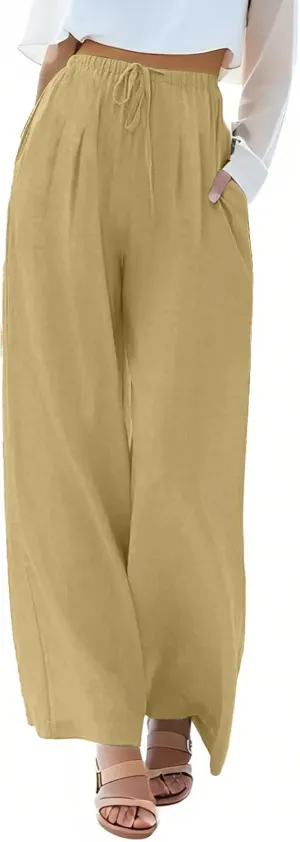 fanmpghleoo Wide Leg Palazzo Pants for Women Casual Drawstring Linen Pants Summer High Waisted Linen Trousers with Pockets