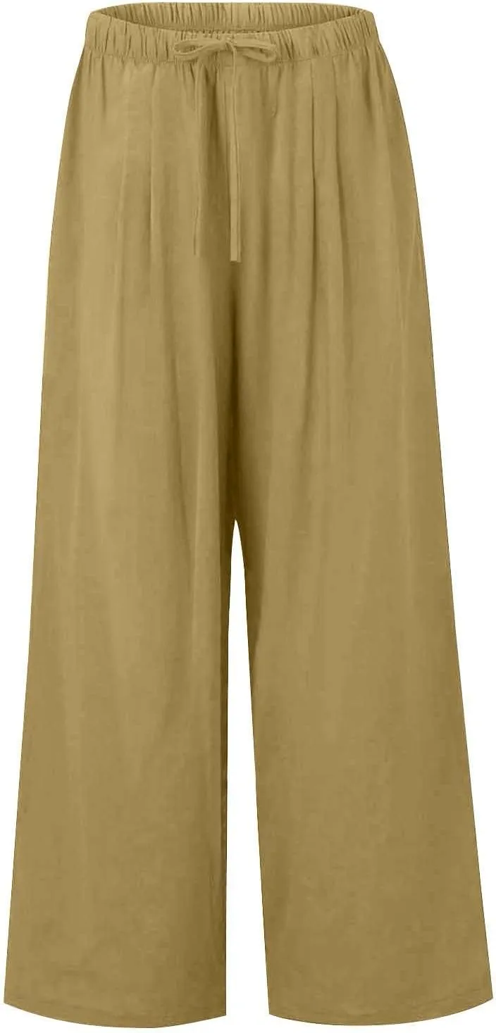 fanmpghleoo Wide Leg Palazzo Pants for Women Casual Drawstring Linen Pants Summer High Waisted Linen Trousers with Pockets
