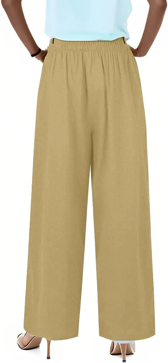 fanmpghleoo Wide Leg Palazzo Pants for Women Casual Drawstring Linen Pants Summer High Waisted Linen Trousers with Pockets