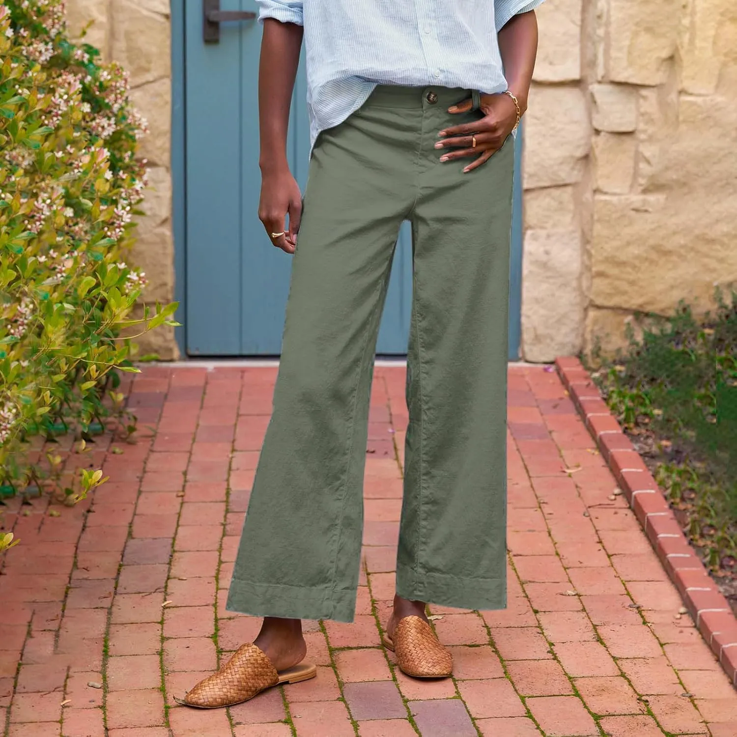 fanmpghleoo Woman Linen Pants High Waist Wide Leg Lightweight Linen Pants Casual Loose Fit Linen Cropped Pants Summer 2025