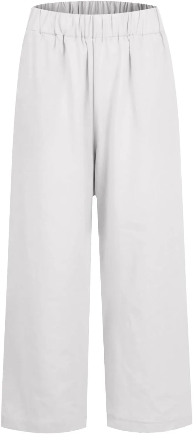 fanmpghleoo Women's Summer Casual Linen Pants Elastic Waist Loose Fit Straight Leg Crop Pants Beach Trousers with Pockets