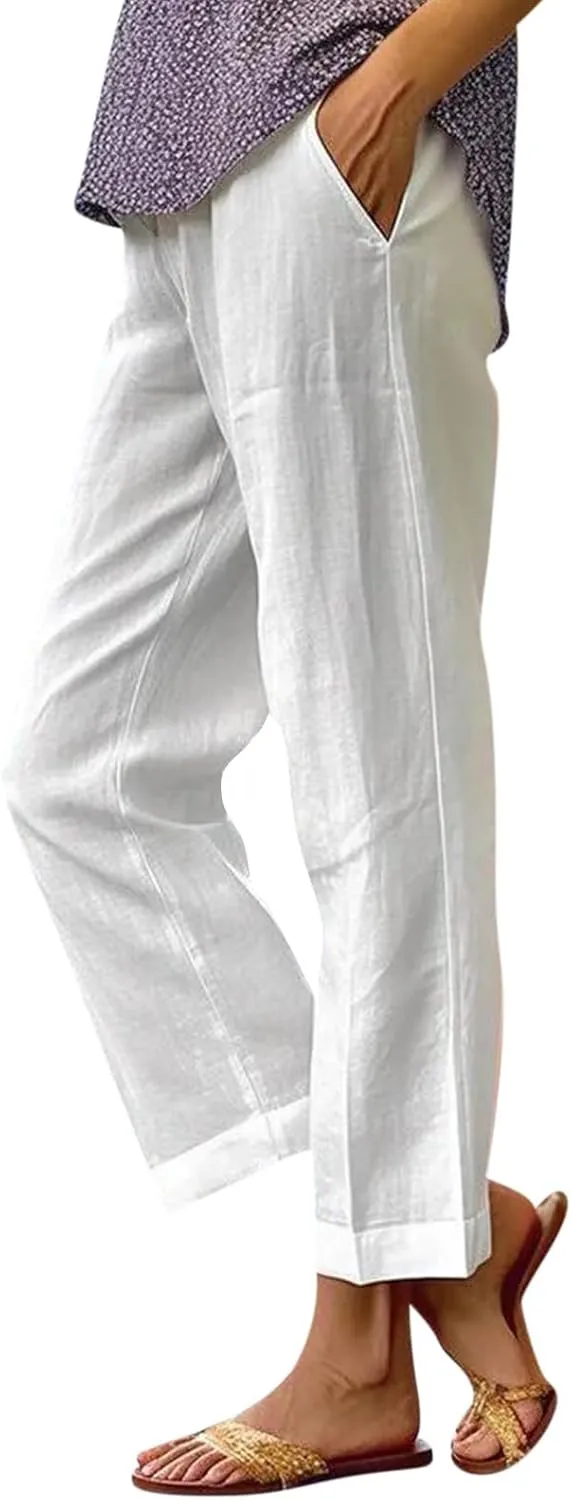 fanmpghleoo Women's Summer Casual Linen Pants Elastic Waist Loose Fit Straight Leg Crop Pants Beach Trousers with Pockets