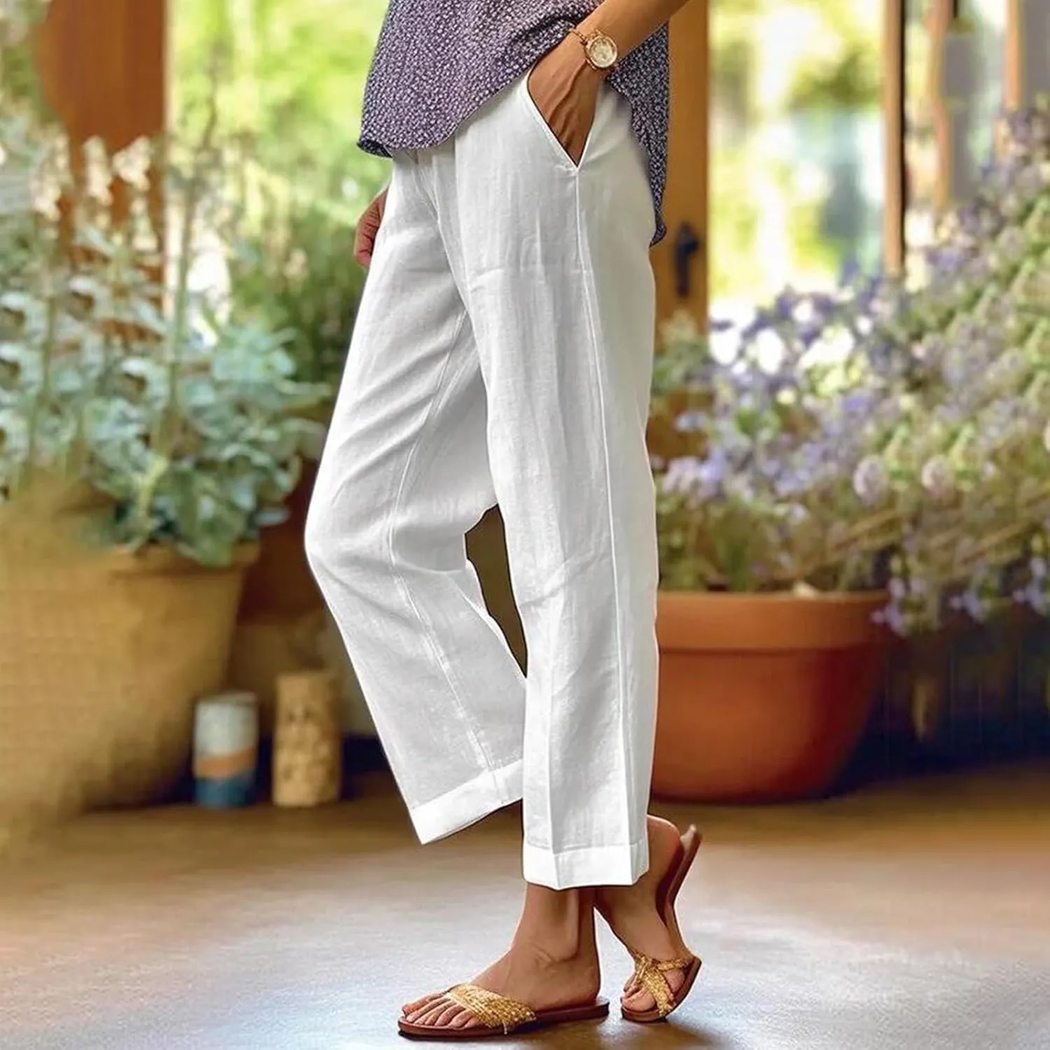 fanmpghleoo Women's Summer Casual Linen Pants Elastic Waist Loose Fit Straight Leg Crop Pants Beach Trousers with Pockets