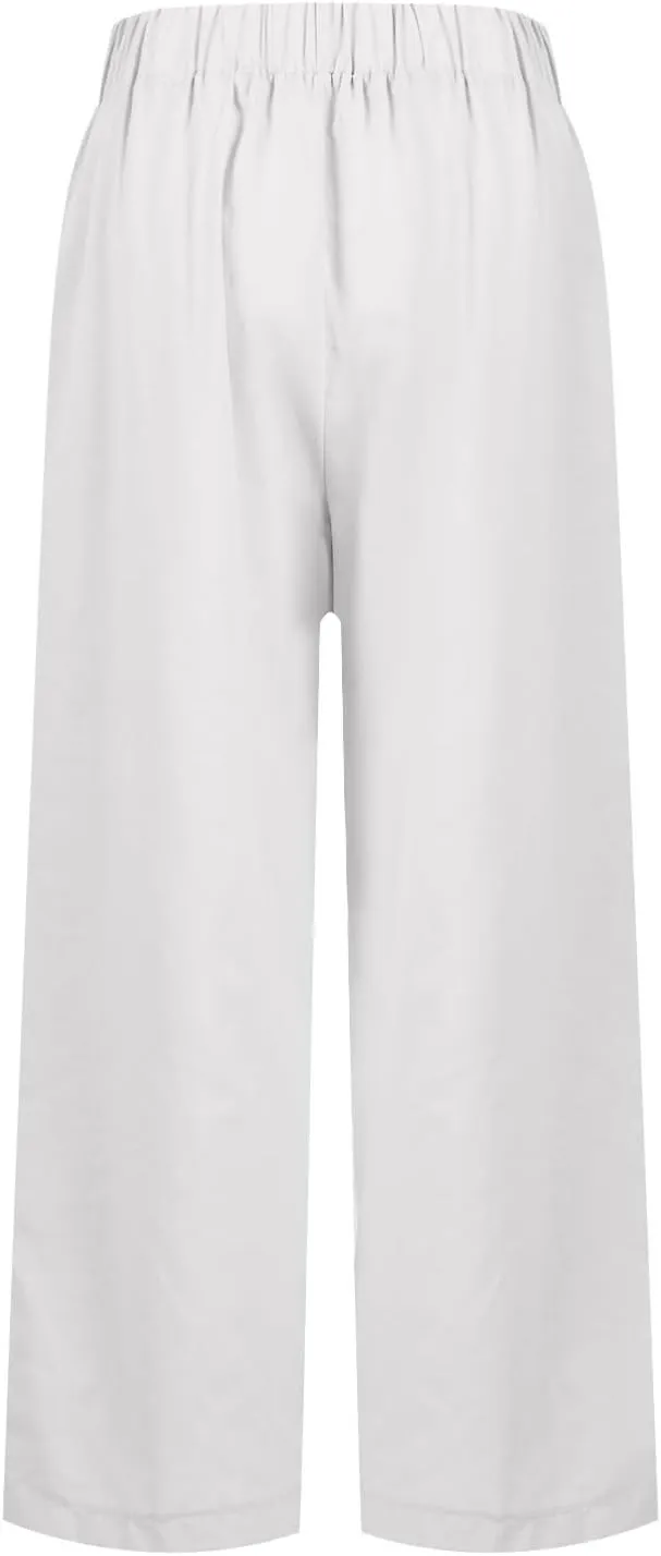 fanmpghleoo Women's Summer Casual Linen Pants Elastic Waist Loose Fit Straight Leg Crop Pants Beach Trousers with Pockets