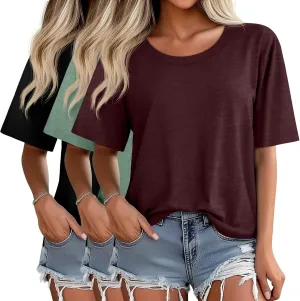 Ficerd 3 Pack Women's Oversized Half Sleeve T Shirt Crew Neck Cotton Elbow Length Tops Loose Fit Casual Summer Basic Tees