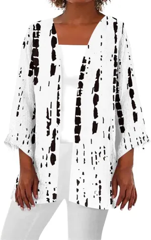 FlekmanArt Kimonos for Women Casual 3/4 Sleeve Print Open Front Cardigan Resort Wear Trendy Flowy Lightweight Dressy Jacket